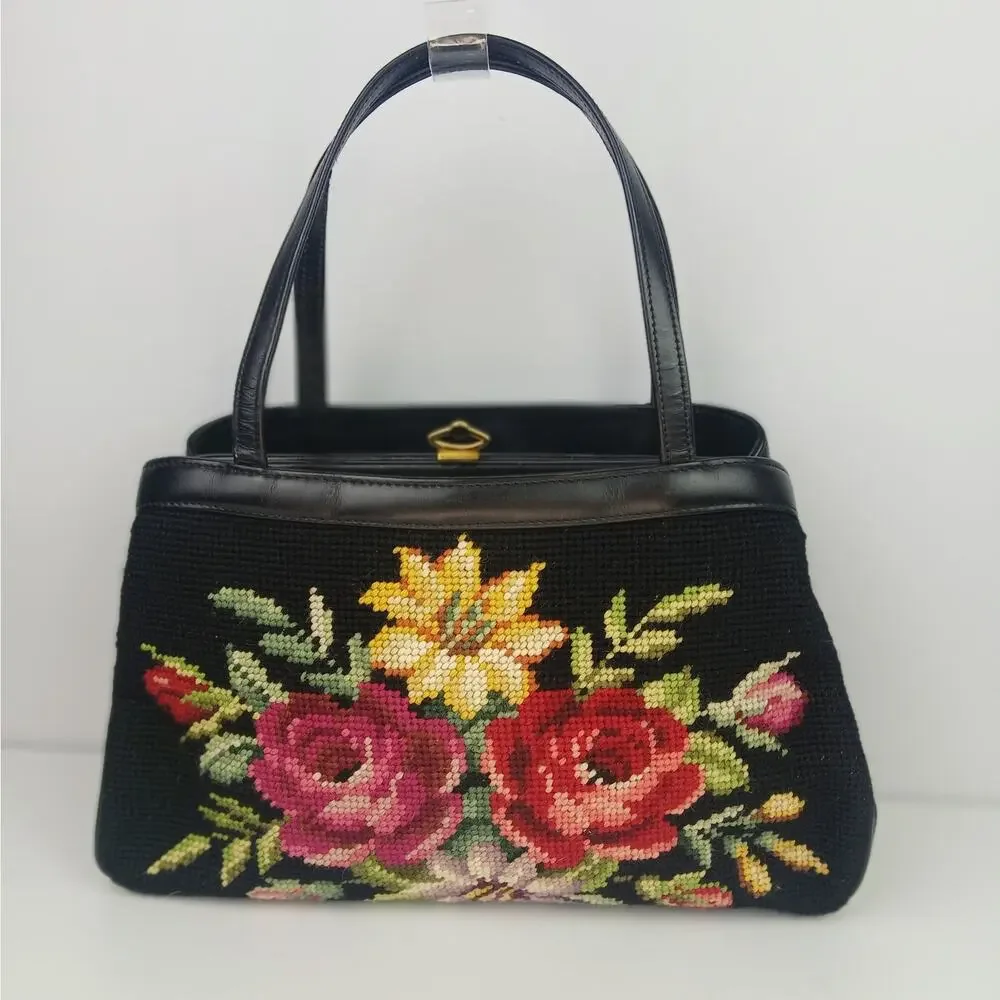Vintage 1960's Black Leather Floral Needlepoint Handbag Gold Clasps Hong Kong